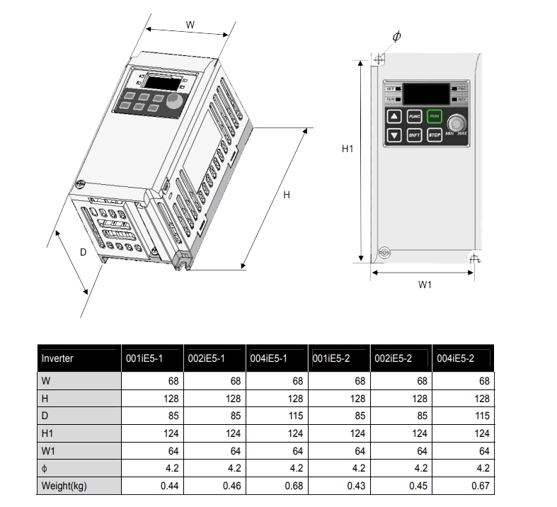 ابعاد اینورتر ie5 - 20003-2، مختصات اینورتر LS(ال اس) تکفاز 0.1 کیلووات IE5-sv001IE5-1